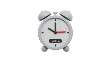 White Classic Alarm Clock Showing Seven O'clock Morning on Transparent Background