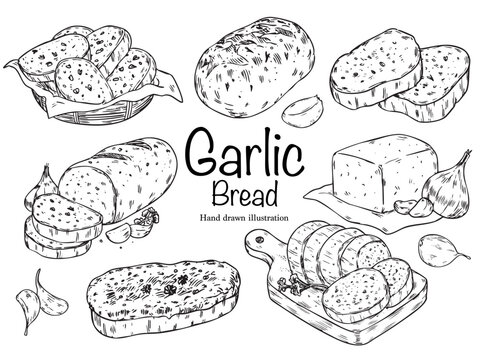 Set of hand drawn garlic bread, garlic and butter outline drawing illustration