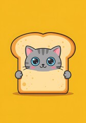 Cute Gray Cat Peeking Out of a Slice of Bread - Kawaii Cartoon Style