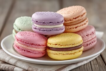 Obraz premium Delightful assortment of colorful macarons presented on a white plate showcasing meticulous pastry artistry capturing the essence of gourmet desserts and vibrant culinary creativity