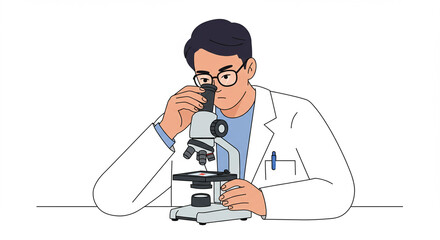 Dedicated Scientist in Lab Coat Examining Sample with Microscope, Flat Vector Illustration