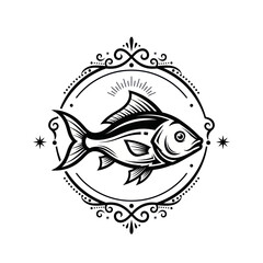 Ornate black and white fish illustration in a decorative frame.