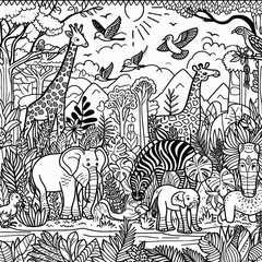 Animals in the jungle coloring book page for adults and children. Vector illustration.