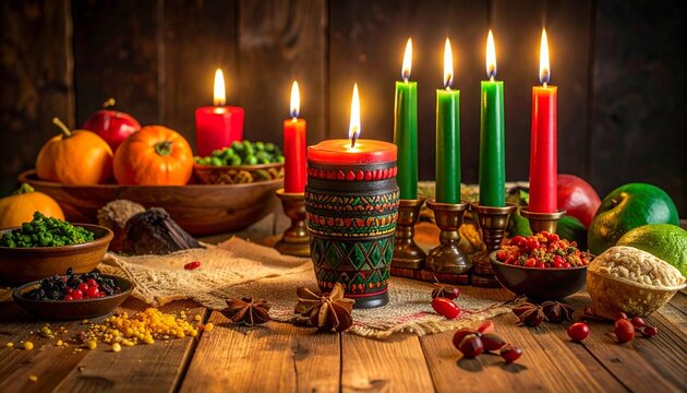 Kwanzaa culture celebration decorations, traditional Africaninspired candles, unity heritage symbols