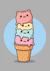 Cute Kawaii Cat Ice Cream Cones Stacked with Faces