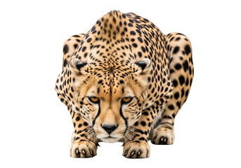 Fototapeta premium A focused, low-angle view of a cheetah, showcasing its powerful stance and intense gaze against a stark black background.