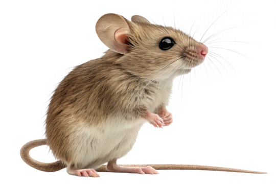 Close up of a brown and white mouse standing on its hind legs against a black background looking right created with generated ai