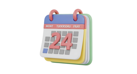 Colorful 24 Hour Desk Calendar with Bold Red Number on Transparent Background