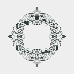 Ornate coffee bean frame with decorative flourishes on a light background.