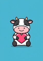 Obraz premium Cute Kawaii Cow Holding Pink Heart - Vector Illustration