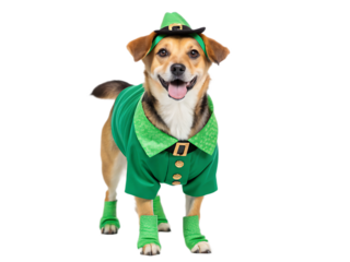 Dog dressed in a st patrick's day costume with a green hat and outfit isolated on a black background