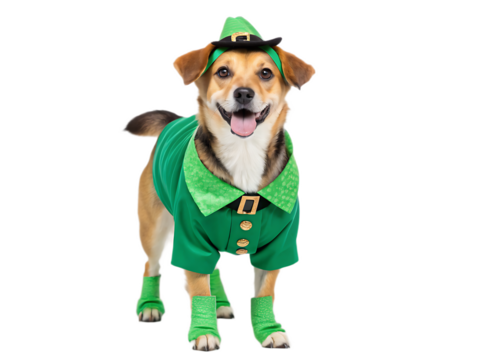 Dog dressed in a st patrick's day costume with a green hat and outfit isolated on a black background