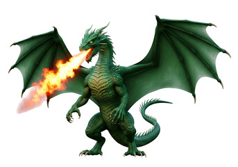 Obraz premium A large, emerald-green dragon, with outstretched wings, exhales a vibrant jet of fire against a stark black backdrop.