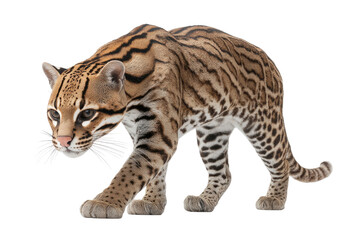 A magnificent ocelot, a spotted wild cat, gracefully stalking in its natural habitat. background removed