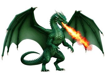 Obraz premium A magnificent, emerald-scaled dragon erupts with fiery breath against a stark black backdrop.