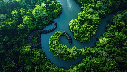 Aerial View of Lush Green Mangrove Forest with Winding River