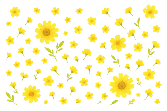 Yellow flowers and green leaves pattern, creating a vibrant spring or summer natural background