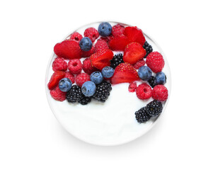 Bowl of tasty yogurt with different fresh berries on white background