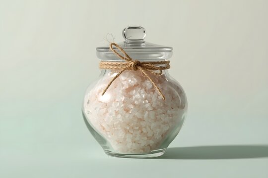 A clean glass jar filled with coarse bath salts, sealed with a simple lid and tied with twine