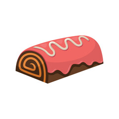 A cartoonstyle Swiss roll cake with pink frosting and white drizzle