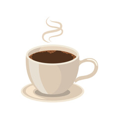 A ceramic mug filled with hot coffee on a saucer with steam rising