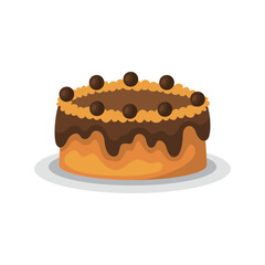 A chocolate cake with caramel frosting and chocolate balls on a plate