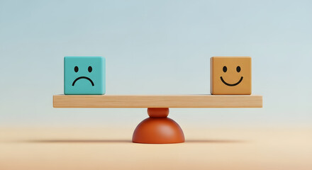 Balancing emotions shown with happy and sad blocks on a Balance Scale, symbolizing Mental health management and emotional control