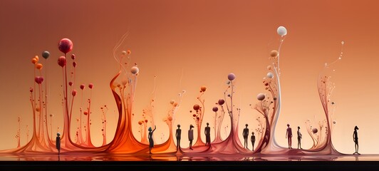 Miniature Figures and a Phoenix in Ethereal Light, Tiny figures from life phoenix, ai generative