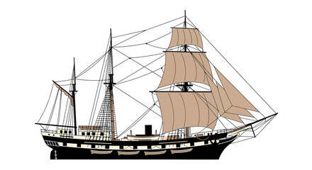 Fototapeta premium Detailed Illustration of a Classic Sailing Ship on White Background