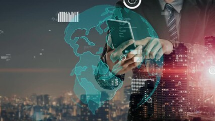 A businessman interacts with a smartphone amidst a vibrant urban skyline illuminated by city lights, showcasing digital data overlays that symbolize connectivity and innovation. Xenic - Powered by Adobe