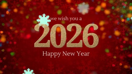 Golden 2026 Happy New Year text with snowflakes and bokeh lights on red background celebration holiday - Powered by Adobe