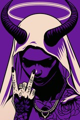 A tattooed woman with devil horns, a halo, and a nun's veil makes a provocative hand gesture.

