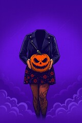 A stylish headless woman in a leather jacket and floral skirt holds a menacing jack-o'-lantern.


