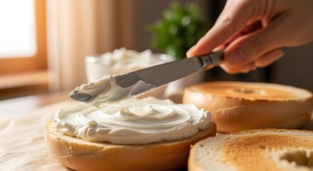 Spreading Cream Cheese on Bagel.