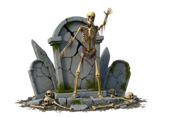A decaying skeleton stands amidst cracked tombstones, its bones dripping with a dark, ominous fluid, creating a spooky, Halloween-themed scene.