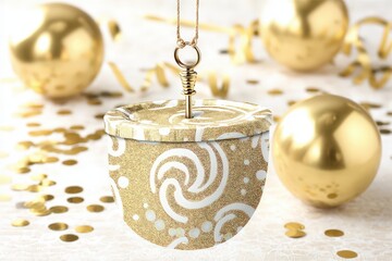 Illuminated golden decorative container exuding elegance amidst festive surroundings adorned with shimmering objects and confetti conveying a luxurious celebration ambience