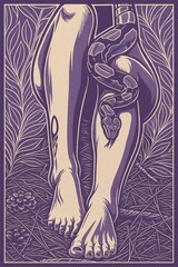 A stylized illustration of a python snake wrapped around a person's legs in a wild setting.

