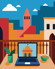 A minimalist laptop setup on a balcony adorned with colorful Moroccan tiles and a view of a vibrant market.. Vector illustration