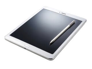 Silver tablet computer with stylus pen resting on screen cutout png isolated on a transparent background