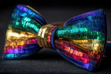 Fototapeta premium Captivating close-up of a shimmering multicolored sequin bow tie showcasing vibrant hues of gold, green, red, and blue reflecting playful lights in an elegant fashion setting