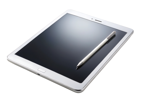 Silver tablet computer with stylus pen resting on screen cutout png isolated on a transparent background