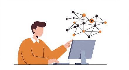 Man Interacting with a Network Visualization on Computer Screen