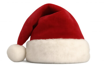 Santa hat in red and white fabric with a fur brim and pompom, celebrating christmas and holiday season