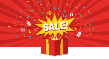 Vibrant sale promotion illustration with exploding gift box and confetti for seasonal retail marketing campaigns and promotional advertisement designs