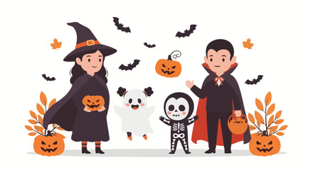 Fototapeta premium A cheerful halloween party illustration featuring children in costume as a witch, vampire, ghost, and skeleton for seasonal celebrations and invitations