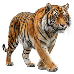 Obraz premium A majestic tiger walking forward with an intense gaze and its distinctive orange and black striped fur coat created with generated ai