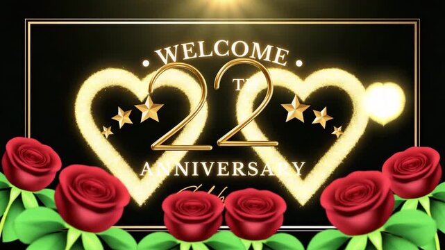 Welcome 22nd Anniversary Celebration with Red Roses and Stars golden