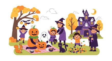 Naklejka premium A whimsical halloween celebration with children in costumes enjoying a picnic near a haunted house under a crescent moon with festive autumn decorations