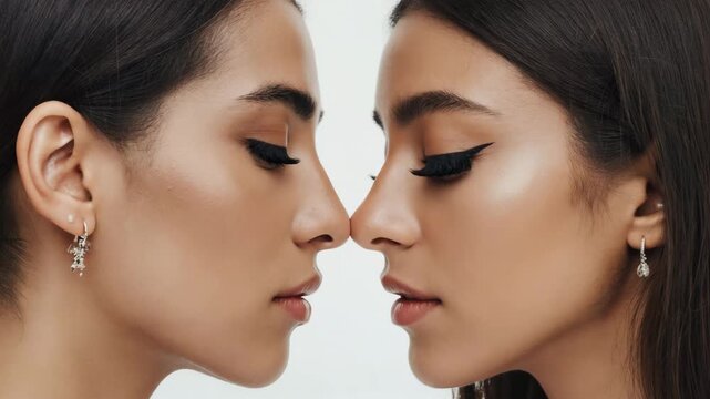 Twin sisters touching noses showing love and affection