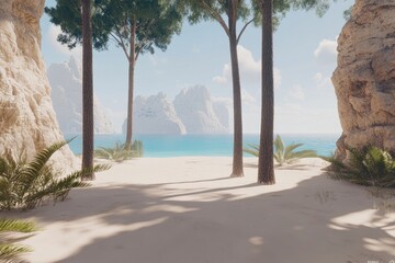 Sunny beach scene with tall trees and rocky cliffs overlooking a tranquil ocean